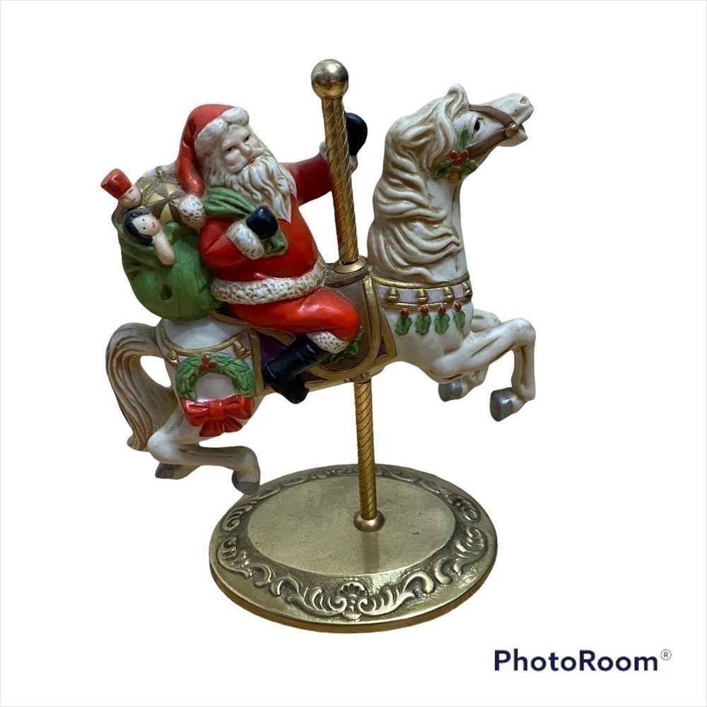 Homco Santa on Carousel Figurine Metal Riding Horse Copper Toned Vintage White